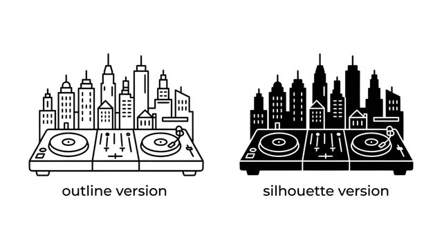 Cityscape DJ Set: An artistic representation combining a DJ turntable setup with a vibrant cityscape, presented in both outline and silhouette versions, symbolizing music and urban culture.