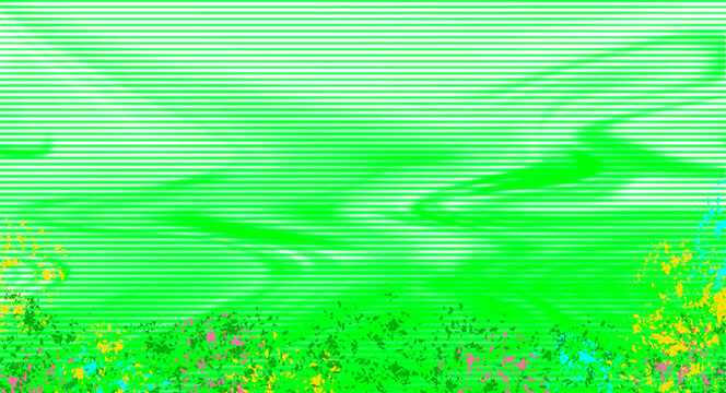 Vibrant lime green digital background featuring horizontal scanline interference patterns and colorful splattered texture elements at bottom border.