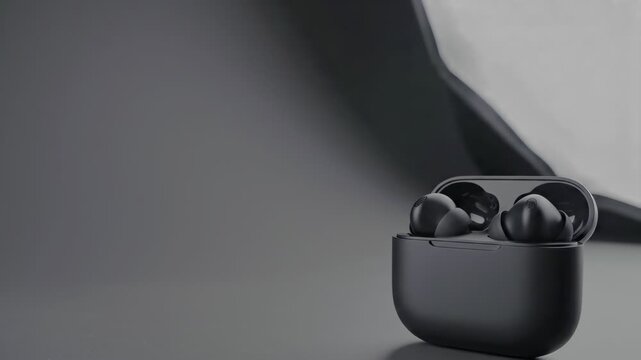 Black wireless earbuds in charging case close up