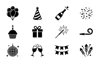 Fototapeta premium Celebration Icons Set: Party Balloons, Gift Box, Champagne Bottle, Confetti, Cupcake, Sparkler, Disco Ball, Bunting, Fireworks, Party Hat, Noise Maker, Toasting Glasses Vector Graphics