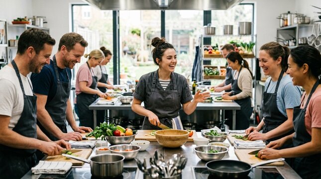 A cheerful cooking class prepares fresh vegetables around a professional kitchen island, ideal for culinary school, team building, and healthy eating campaigns.