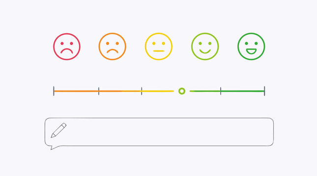 Modern customer satisfaction survey vector layout with floating cards, emotional smiley scale, gradient rating slider, speech bubble comment field and pencil for UI feedback app forms
