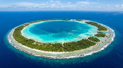 Aerial view of a tropical coral atoll with turquoise lagoon, white sand beaches, and dense palms, suited for luxury travel and island getaway promotions.