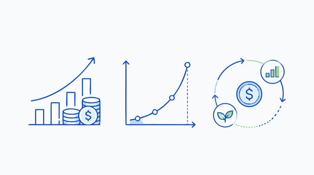 Compound interest growth line icon set with rising bar charts, exponential curve, coin stacks and reinvestment cycle, editable blue vector strokes for finance education and wealth planning
