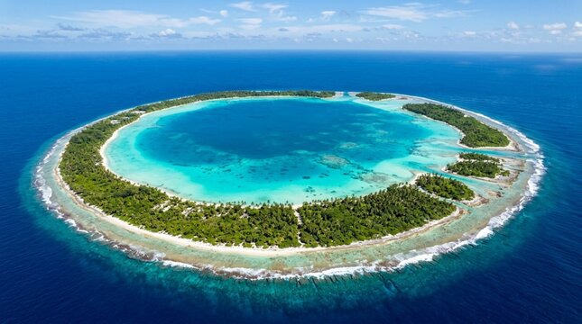 Aerial view of a tropical coral atoll with turquoise lagoon, white sand beaches, and dense palms, suited for luxury travel and island getaway promotions.