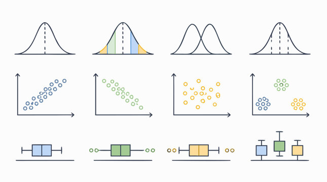Statistical distribution outline icon set showing bell curves, scatter clusters, correlation plots, box plots, outliers, axes and data visualization diagrams in pastel editable vector style