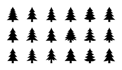 Fototapeta premium Set of 15 Black Silhouette Christmas Tree Icons, Vector Graphics for Winter Holidays and Nature Designs, Evergreen Pine Forest Elements