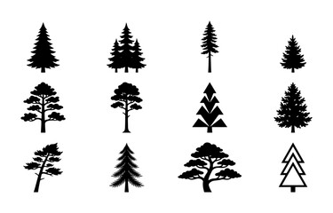 Obraz premium Diverse Evergreen Tree Silhouettes Collection, Pine and Fir Vector Icons, Nature Forest Elements for Design Projects
