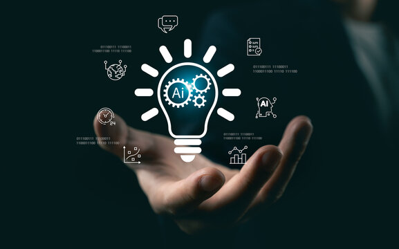 Title: Businessman hand presenting glowing light bulb with AI and gears icons, concept of artificial intelligence innovation, creative technology, and business strategy.
