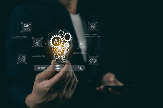 Businessman holding glowing light bulb with AI and gears icon inside, concept of artificial intelligence creative technology idea and innovation.