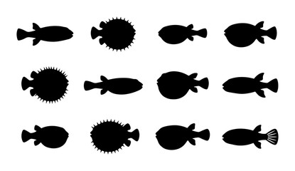 Pufferfish Silhouettes, Marine Life Icons, Underwater Creatures Vector Set, Aquatic Animal Shapes © Rafiq