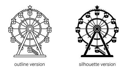 Ferris Wheel Icon Set: A graphic illustration featuring two styles of a Ferris wheel, one an outline and the other a silhouette, perfect for amusement park or event themes. © hammad