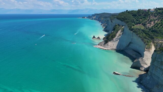 Aerial view of Loggas beach coastline in Corfu, Greece