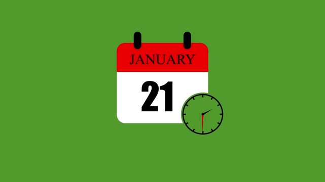 January 21 calendar icon template design vector illustration with spinning clock for planning schedule agenda timeline management, monthly month appointment date remainder deadline tracking symbol.