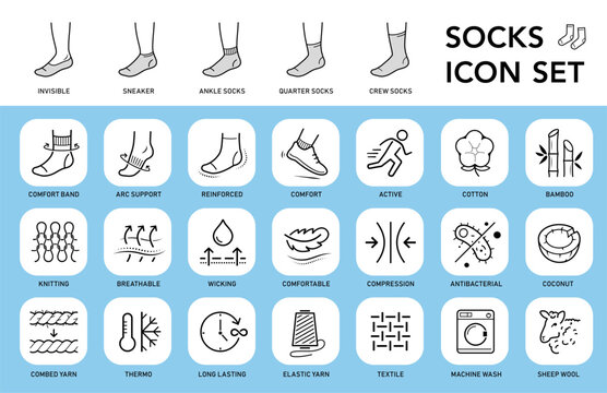 Socks icon set showing different lengths of socks and specific features. The outline vector icons are well scalable and editable for packaging label design. Great for infographic. EPS10.