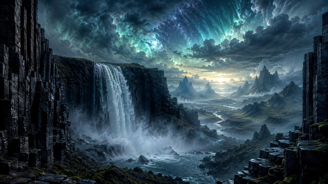 Dark Fantasy Landscape, Waterfall and Aurora Borealis, Basalt Cliffs