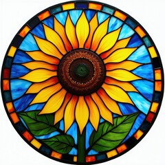 Obraz premium Round stained glass medallion features bright sunflower art piece. Vibrant yellow petals with green leaves against blue background create circular mosaic design. Decorative window panel displays