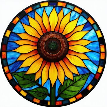 Round stained glass medallion features bright sunflower art piece. Vibrant yellow petals with green leaves against blue background create circular mosaic design. Decorative window panel displays