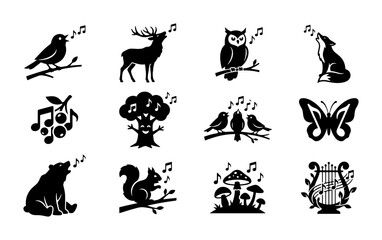 Fototapeta premium Nature's Symphony: 12 Black Silhouette Icons of Singing Animals, Musical Trees, and Forest Elements, Vector Set for Creative Projects