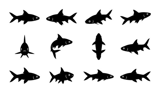 Shark Silhouettes Collection, Marine Life Vector Icons, Ocean Predator Graphics, Aquatic Animal Illustrations, Underwater Danger Symbols