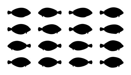 Fototapeta premium Seamless Pattern of 16 Black Fish Silhouettes, Aquatic Life Vector Graphic, Marine Animal Collection for Design
