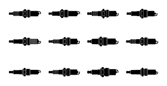 Spark Plug Icons Set, Automotive Engine Components Collection, Ignition System Parts Vector Graphics, Black and White Mechanical Elements