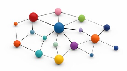 Obraz premium A conceptual network model featuring diverse colored spheres linked by thin black lines, illustrating connections between individual data points