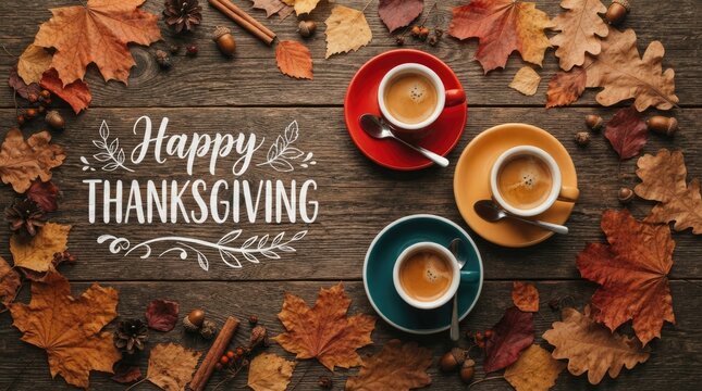 Warm thanksgiving day coffee and autumn leaves a festive holiday still life composition