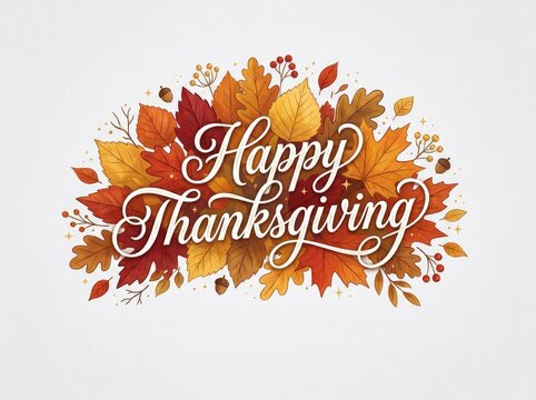 Happy thanksgiving day watercolor illustration with autumn leaves and festive calligraphy