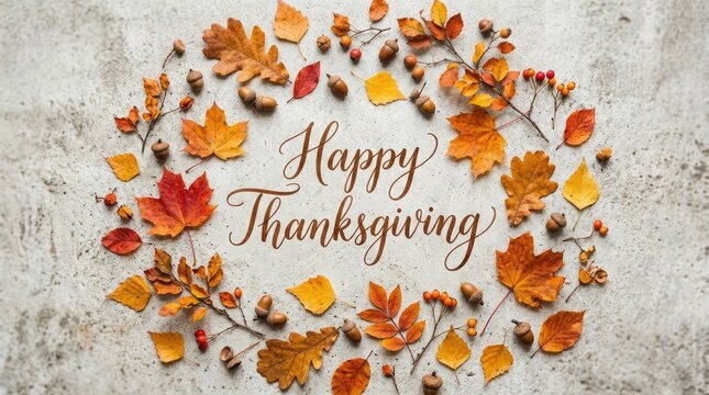 Festive thanksgiving day wreath autumn leaves acorns and berries for holiday greetings