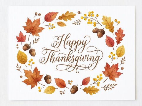 Festive thanksgiving day watercolor wreath with autumn leaves and acorns for holiday greetings