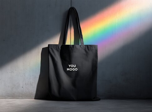 Blank black tote bag hanging on wall with rainbow light reflection. Minimalist unbranded shopping bag mockup for branding and retail design.