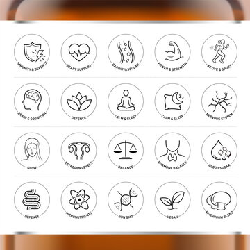 Functional capsules and health supplement vector icon set for dietary supplements, vitamins. The outline vector icons are well scalable for packaging label design. EPS10.