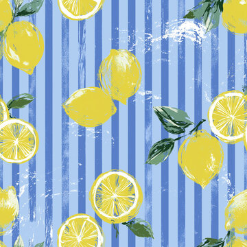 Hand-drawn Lemon Pattern on Blue Stripes｜青いストライプと手描きレモンの爽やかなパターン