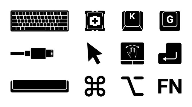 Computer Keyboard Icons, Set of 12 Vector Symbols for Technology and Digital Input, Includes Keys, Mouse, Cable, and Command Symbol