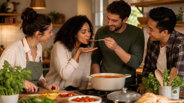 Four smiling friends cook together in a cozy kitchen as one tastes sauce from a spoon, ideal for recipes, shared meals, cooking classes, or social dining.