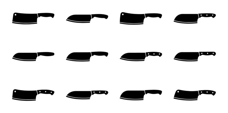 Collection of 12 Black Butcher Knives, Kitchen Utensils, Chef Tools, Meat Slicing Implements, Culinary Equipment, Vector Icons
