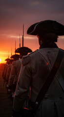 Fototapeta premium Soldiers in historical uniforms stand in formation against a vibrant sunset, symbolizing history, military, and sacrifice