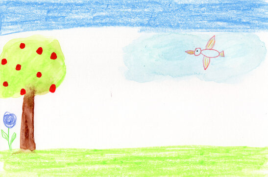 Childs drawing of an apple tree and a flying bird in a garden