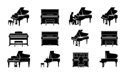 Piano Collection Vector Icons: Grand, Upright, and Player Silhouettes for Music and Performance Graphics © Faisal