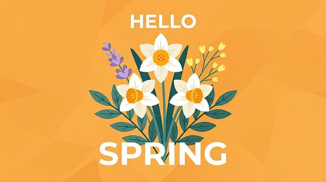 Floral hello spring greeting card on orange background.