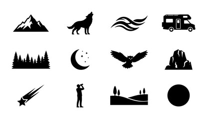 Fototapeta premium Nature and Outdoor Adventure Icons: Mountain, Wolf, Waves, RV, Forest, Moon, Owl, Rocks, Meteor, Stargazer, Landscape, Celestial Body Vector Set