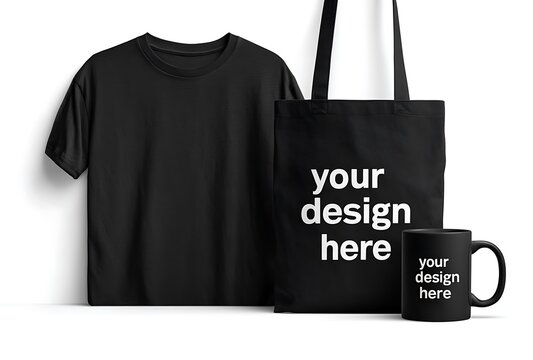 Blank black t-shirt, tote bag, and mug mockup set. Customizable apparel and merchandise template for branding and print-on-demand designs.