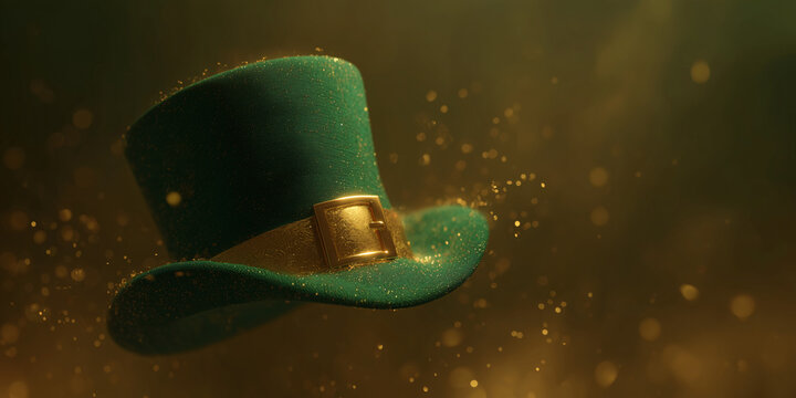 A green leprechaun hat with a golden buckle, surrounded by shimmering golden particles, evoking a sense of luck and magic.