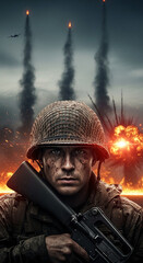 Fototapeta premium Close-up portrait of a determined soldier, face grimy, holding a rifle amid explosions and smoke, symbolizing conflict, courage, and wartime