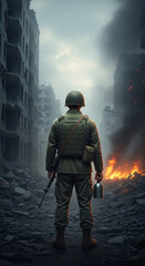 Fototapeta premium Soldier in uniform standing amidst a destroyed city with fires burning, symbolizing conflict, resilience, and the aftermath of war