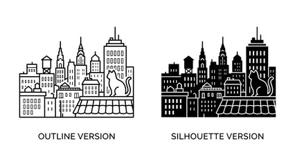 Fototapeta premium Cityscape Companions: A charming feline sits atop a rooftop overlooking a detailed urban skyline presented in both outline and silhouette versions, offering versatile design elements.
