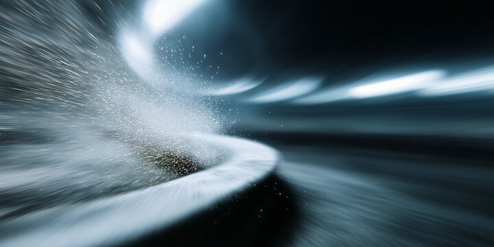 Abstract motion blur of water splashing inside a dark tunnel, creating a dynamic and powerful visual
