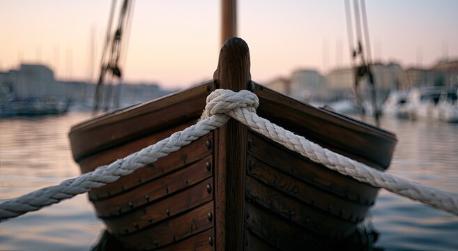 Front view of a wooden boat bow with thick rope tied