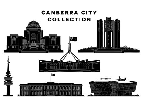 Canberra Australia City Landmark Collection Black and White Vector Illustration